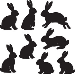 Easter bunny silhouettes. Set of silhouettes of rabbits in different poses  on white background