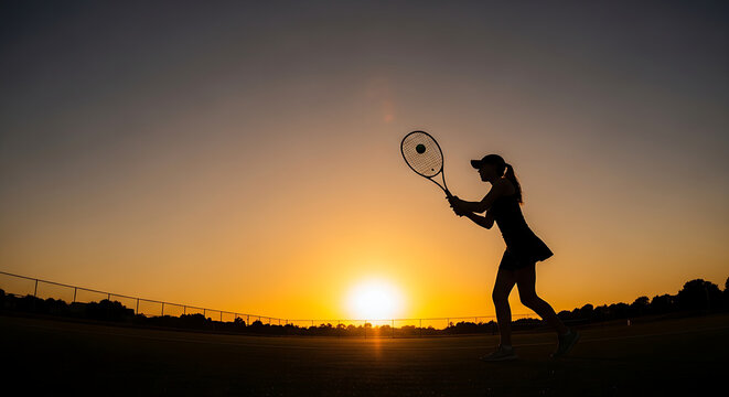Silhouette of a female tennis player hitting a forehand during a vibrant sunset with the sun behind her