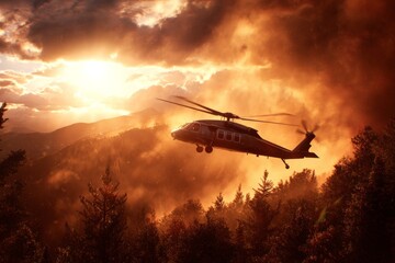 Fototapeta premium Sikorsky s-92 at sunset: preparing for firefighting mission. Helicopter technology. Vih aviation's groundbreaking firefighting helicopter debuts globally. Coastal oil rigs. Courage in action.