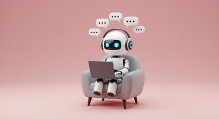 Friendly robot wearing headphones and using a laptop with chat bubbles