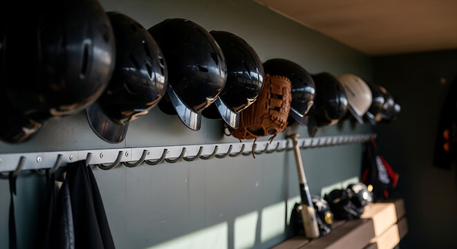 Baseball Helmets Hanging on Rack Ready for Game Day Team Sport Equipment Readiness