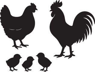 vector set of hen or chicken, rooster and chicks silhouettes   on white background