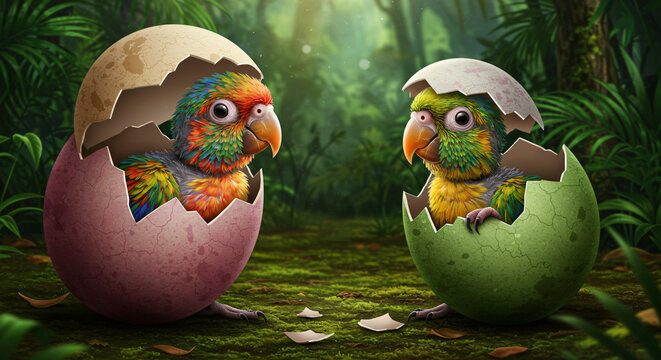 parrots in the grass easter bunny with eggs baby  haching an egg new births in jungle