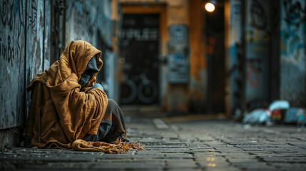 A solitary figure in a hooded, tattered cloak sits hunched on a grimy alley floor, amidst discarded trash and graffiti-marked walls, evoking desolation.