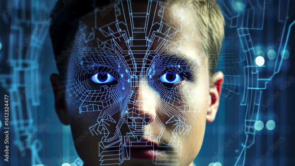 Poster exploring the future of facial recognition technology with stunning visual effects and impactful ins