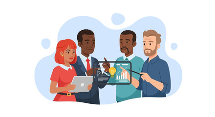 Diverse business team collaborating on a project, analyzing data on a tablet. Ideal for presentations, reports, and website landing pages.