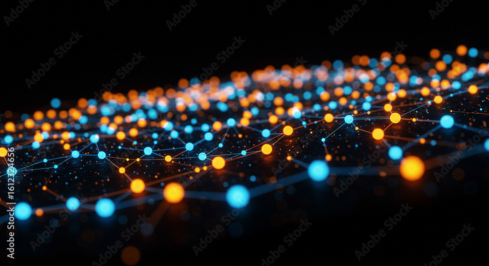 Poster a complex network of interconnected blue and orange nodes on a dark background abstract design