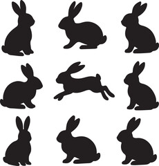 Easter bunny silhouettes. Set of silhouettes of rabbits in different poses  on white background