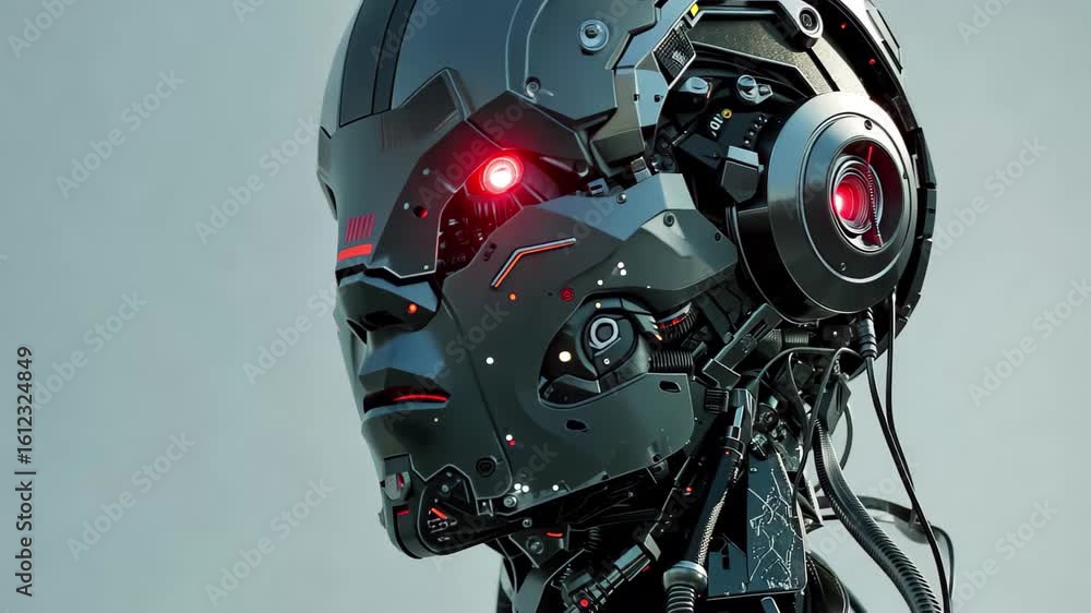 Poster exploring the intricate design of a futuristic robot with glowing features and advanced technology i