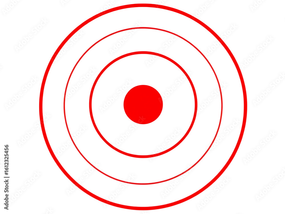 Poster a target with a red center and three red concentric circles on a black background in a simple graphi