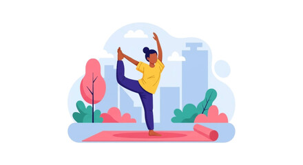 Woman practicing yoga outdoors in the city, perfect for health and wellness websites or brochures.