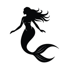 Elegant mermaid silhouette with flowing hair and tail ocean drawing