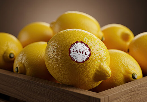 Lemon Fruit on Wooden Box Logo Stamp Sticker Mockup