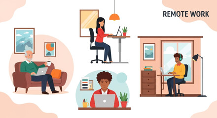 Remote Work Illustration: Diverse Team Working from Home, Perfect for Blogs, Websites, and Presentations