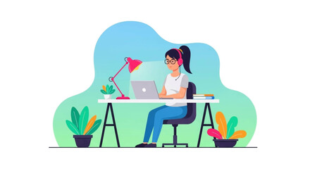 Young woman working from home on laptop, perfect for remote work or freelance websites.