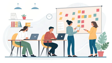 Teamwork in modern office: colleagues collaborating on project using laptops and whiteboard. Ideal for business presentations and website landing pages.