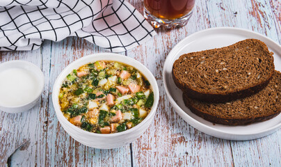 Traditional cold vegetable soup with kvass in a bowl on the table web banner