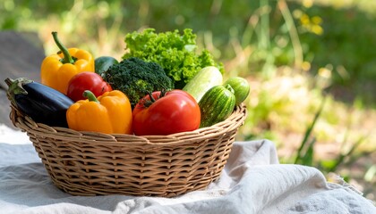 野外の柔らかな自然光が差し込む場所で、リネンの布に包まれた籐かごに収められた新鮮な季節野菜の静かな風景

