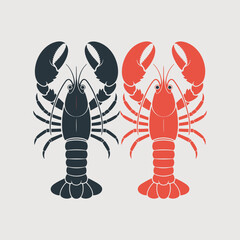 Two stylized lobsters one red one black against a light grey background