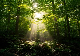 Sunlight Streaming Through Lush Forest Canopy - Nature, Trees, Green Leaves, Sunshine, Woods, Wilderness Scenery.