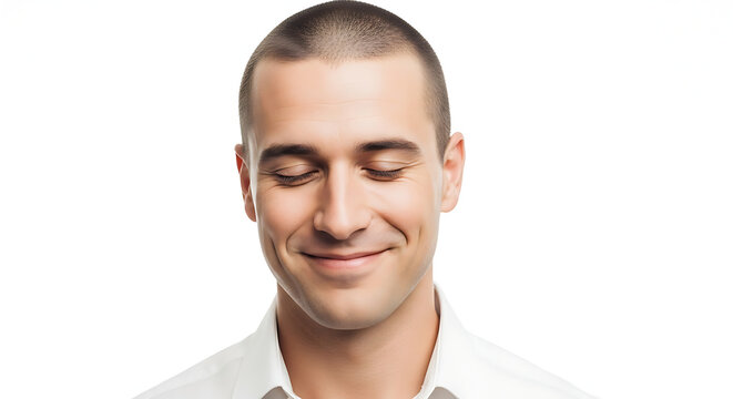 Young man with eyes closed smiling gently showing peace contentment and inner happiness isolated on white background