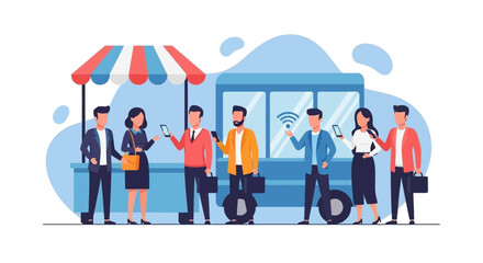 Modern business people using smartphones and electric unicycles, perfect for website banners and presentations. © Italia