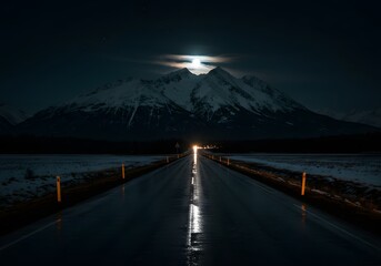 Scenic Night Drive Moonlit Road, Mountain View, Illuminated Pathway, Dark Sky, Winter Landscape.