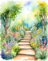 Obraz premium Winding through a lush botanical garden, a beautifully illustrated pathway showcases vibrant flowers in a captivating watercolor style, inviting tranquility and exploration Generative AI