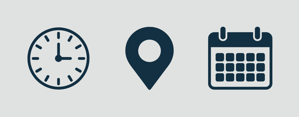 Icons representing time location and calendar for scheduling and planning