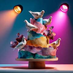 Elegant birds arranged on multicolor tiered cake in artistic studio lighting