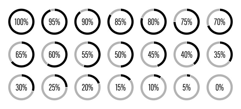 Percentage infographics elements. Round diagrams icons for infographics from 0 to 100 percent. Black, grey color fill divided pie charts indicator layout. Mockup of circle graph loading progress.