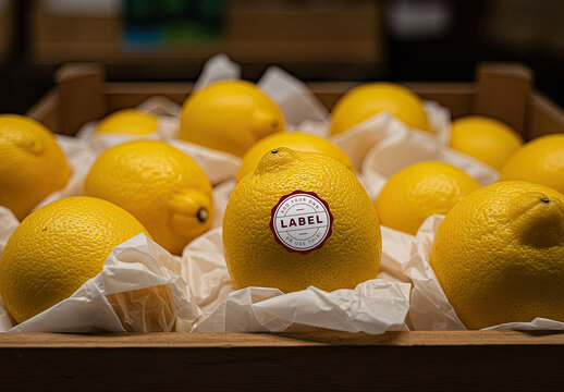 Lemon Fruit on Wooden Crate Box Logo Stamp Sticker Mockup