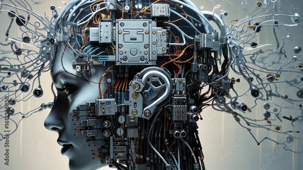 Poster exploring the fusion of technology and human-like intelligence through intricate robotic design and 