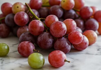 Fresh Red and Green Grapes on Marble Surface, Healthy Eating, Fruit Bunch, Close-up Still Life Photography.
