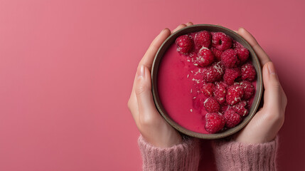 Top view of a woman’s hands gently holding a vibrant raspberry smoothie bowl over a pastel pink background — perfect for wellness, breakfast, or healthy living themes.

