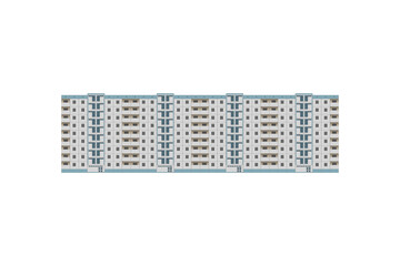 Nine-storey white and blue panel apartment building is isolated