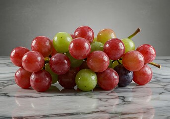 Fresh Grapes Close-Up on Marble Surface. Bunch of Red, Green, Purple Grapes. Healthy Food, Fruit. Studio Shot.