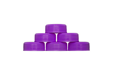 Stack of violet plastic bottle caps is isolated 