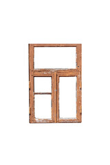 Old brown wooden window frame with three sashes is isolated