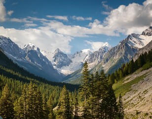 Fototapeta premium valley view with rocky mountains snowy peaks and evergreen trees under a partly cloudy sky day light