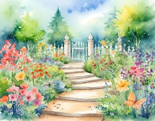 Obraz premium Colorful flowers bloom brightly along a winding path leading to a charming gate within a lush botanical garden, inviting visitors into a world of natural beauty and peace Generative AI
