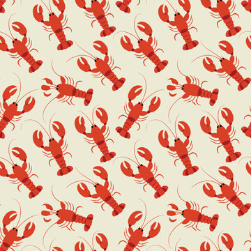 Seamless pattern of bright red lobsters on a light background