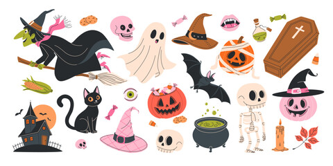 Happy Halloween set of isolated design elements. Hand drawn spooky and cute clipart bundle on white. Witch, ghost, pumpkin, haunted house, bat, scull, cauldron with potion, skeleton, coffin, corn.