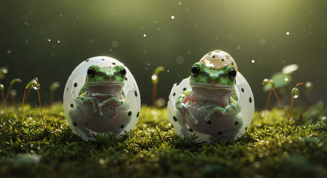 toad frog in the grass easter bunny with eggs baby  haching an egg new births in jungle
