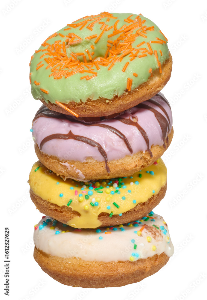 Poster stack of four colorful glazed donuts with assorted sprinkles and toppings, isolated background