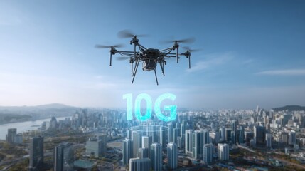 Drone over cityscape demonstrating 10g technology in urban environment