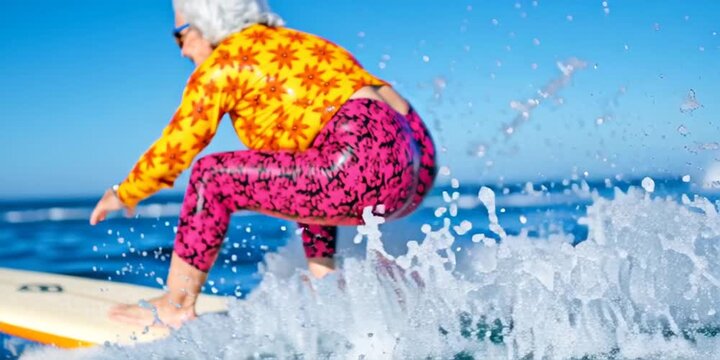 Older woman surfing on a surfboard on the ocean waves