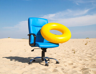 Blue office chair with yellow inflatable ring on sandy beach under blue sky
