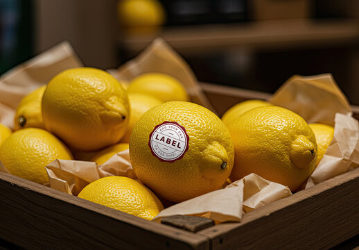 Lemon Fruit on Wooden Crate Logo Stamp Sticker Mockup