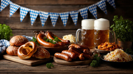 Festive Oktoberfest table showcasing traditional Bavarian food and beer in a vibrant celebration atmosphere